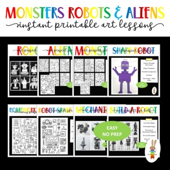 Preview of Elementary Art Lesson Bundle - Monsters, Robots and Aliens