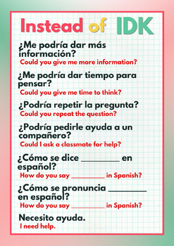 Preview of Instead of IDK Poster- Spanish Classroom