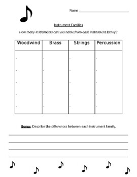 Preview of Instrument Family Worksheet