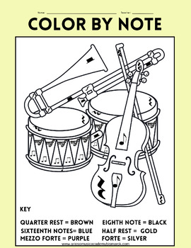 Preview of Instrument Themed Color By Music Symbol Worksheet