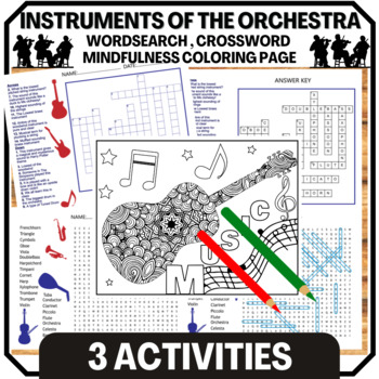 Preview of Instruments of the Orchestra Word Search , Crossword and Coloring Page.