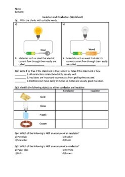 Preview of Insulators and Conductors - Worksheet | Printable and Distance Learning