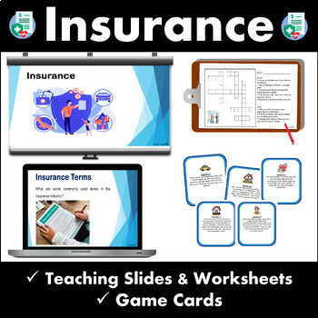 Preview of Insurance Bundle Teaching Slides with Crossword Game Cards 8th, 9th, 10th Grade