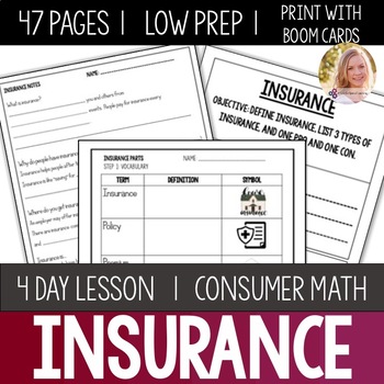 Preview of Insurance Lesson Unit Consumer Math Life Skills Special Education