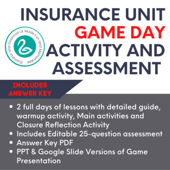 Preview of Insurance Unit Game Day Fun Competition plus Unit Assessment - 2 Days Activities
