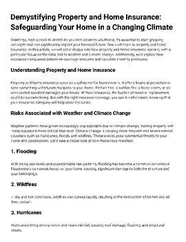 Preview of Insurance and Climate Change/Natural Disasters - Guided Reading and Questions