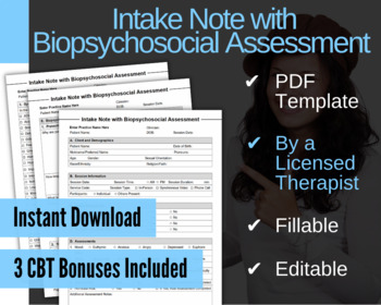 Preview of Intake Note with Biopsychosocial Assessment Template PDF | Fillable & Editable