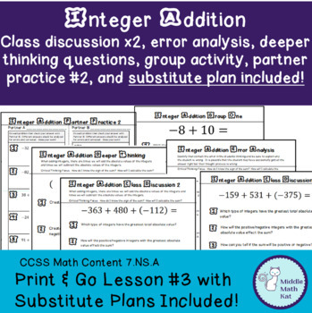 Preview of Integer Addition Class Discussion, Group Activity, Partner Practice, & Sub Plan