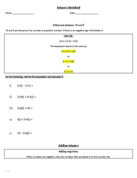 Preview of Integer Addition and Subtraction Study Guide