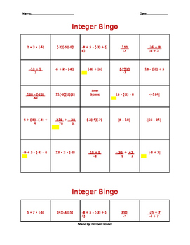 Preview of Integer Bingo