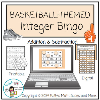 Preview of Integer Bingo (Add & Subtract) - Basketball-Themed Game - Digital and Printable