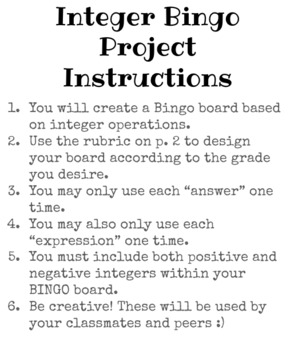 Preview of Integer Bingo Board Project - Editable