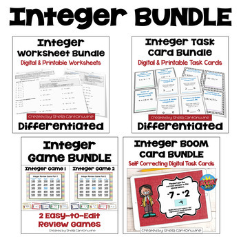 Preview of Integer Bundle with Worksheets, Task Cards, Games, and Boom Cards