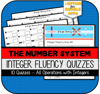 Preview of Integer Fluency QUIZZES (Printable & versions for Google Forms)