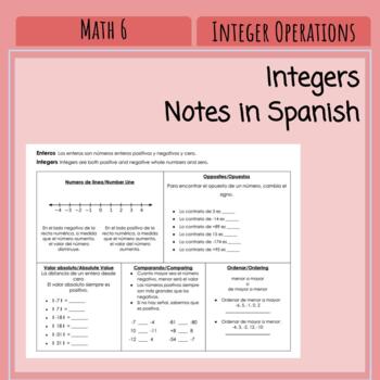 Preview of Integer Notes (Spanish Version for ESL Students)