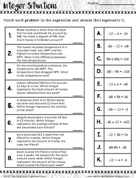 Integer Operation Practice Worksheets -- Models, Computation, Word Problems