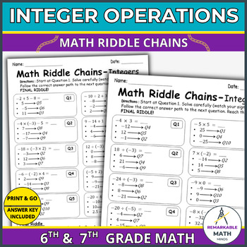 Preview of 7th Grade math Self-Checking Integer Operations Riddle Chains | Number System