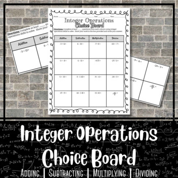 Preview of Integer Operations Choice Board Worksheet | Positive and Negative Operations