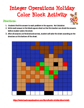 Preview of Integer Operations Christmas Holiday Color Block Activity