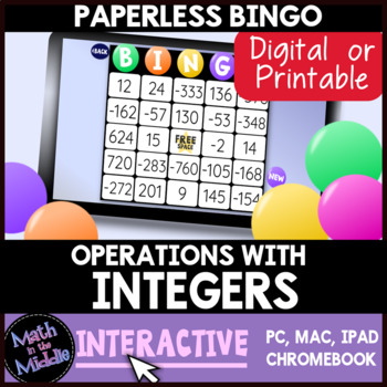 Preview of Integer Operations Digital Bingo Review Game - Paperless Interactive Resource