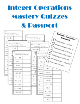 Preview of Integer Operations Mastery Quizzes Editable .docx File