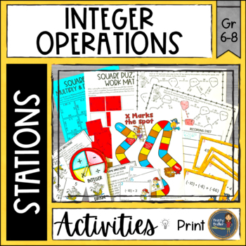 Preview of Integer Operations Math Stations - Board Game, Task Cards, Puzzle, Maze