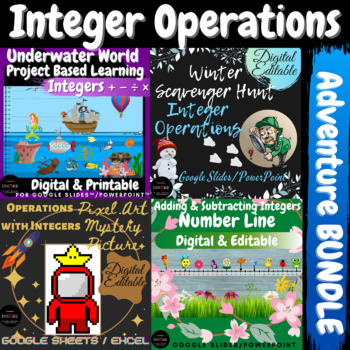 Preview of Integer Operations Pixel Art Scavenger Hunt Project PBL Math Enrichment BUNDLE