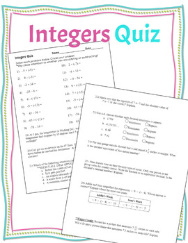 Preview of Integer Operations - Quiz/Worksheet