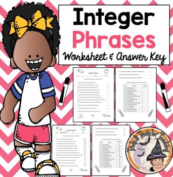 Preview of Integer Phrases Worksheet with Answer KEY Intro to Integers