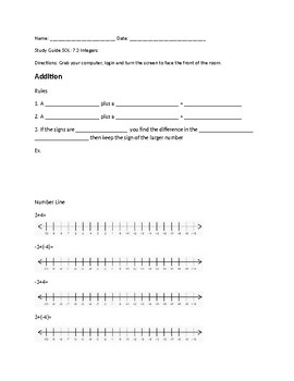 Preview of Integer Study Guide SOL 7.3