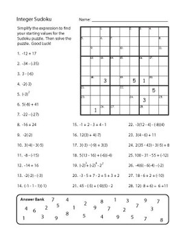 Preview of Integer Sudoku - Integers Review Sheet with Fun Little Twist