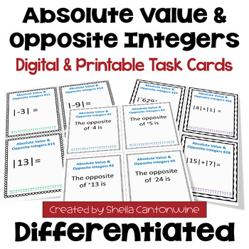 Preview of Absolute Value and Opposite Integers Task Cards - Differentiated