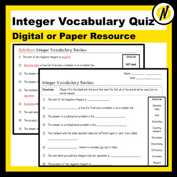 Preview of Integer Vocabulary Quiz or Check-In Assessment with Answers