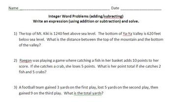Preview of Integer Word Problems (Adding and Subtracting)