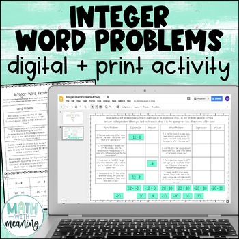 Preview of Integer Word Problems Digital and Print Activity for Google Drive and OneDrive