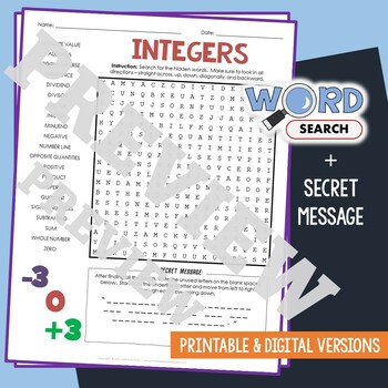 Preview of Integer Word Search Puzzle Math Activity Worksheet, Pre-Algebra