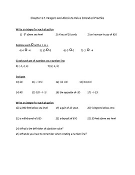 Integer And Absolute Value Practice Problems Prealgebrateachers