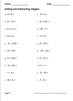 Integer Worksheets addition, subtraction, multiplication and division