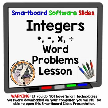 Preview of Add Subtract Multiply Divide Integers Word Problems Smartboard Slides Lesson