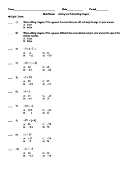 Integers  Adding and Subtracting Quiz and Practice Worksheet  TpT