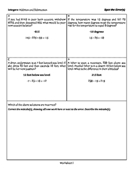 Preview of Integers: Addition and Subtraction - Spot the Error - 3 Tiers