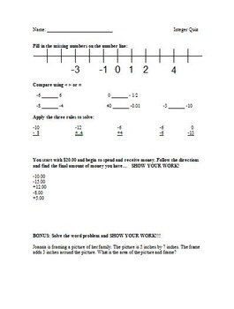 Preview of Integers Assessment (Quiz)