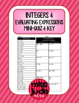 Preview of Integers & Evaluating Algebraic Expressions mini quiz