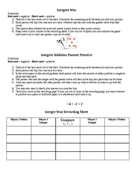 Preview of Integers Game and Addition Practice 