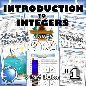 Preview of Integers Introduction Lesson - Worksheets, Games, Riddles - Grade 6