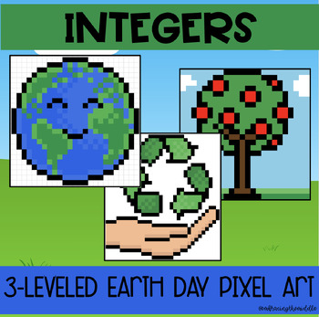 Preview of Integers/Number Systems 3-Leveled Earth Day Pixel Art for Middle School Math
