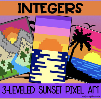 Preview of Integers/Number Systems 3-Leveled Sunset Pixel Art for Middle School Math