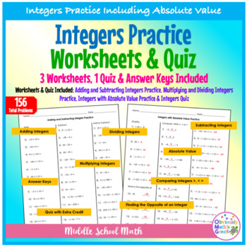 Preview of Integers Operations (3 Worksheets & Quiz) -Includes Absolute Value -156 Problems