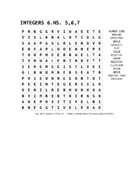 Preview of Integers, Opposite Numbers and Absolute Value Word Search