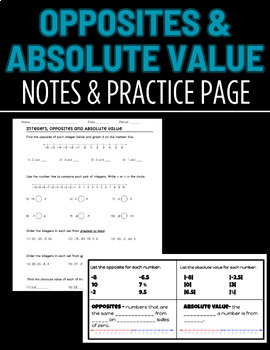 Preview of Integers, Opposites & Absolute Value Notes & Practice (print & digital)